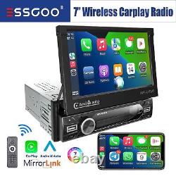 Single 1 DIN 7 Carplay Android Auto Car Stereo Player FM Radio Flip Out Screen