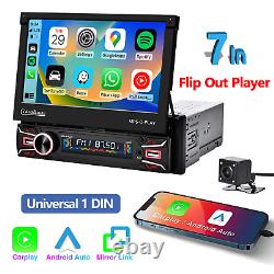 Single 1 Din 7 Flip Out Player Car Stereo Radio Android/Apple Carplay Bluetooth