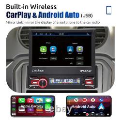 Autoradio simple DIN 7 avec Carplay, Android Auto, lecteur stéréo pour voiture, radio FM et écran escamotable.