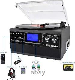 Lecteur de disque vinyle Bluetooth, tourne-disque, CD, cassette, radio AM/FM et entrée auxiliaire