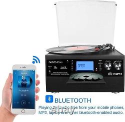 Lecteur de disque vinyle Bluetooth, tourne-disque, CD, cassette, radio AM/FM et entrée auxiliaire